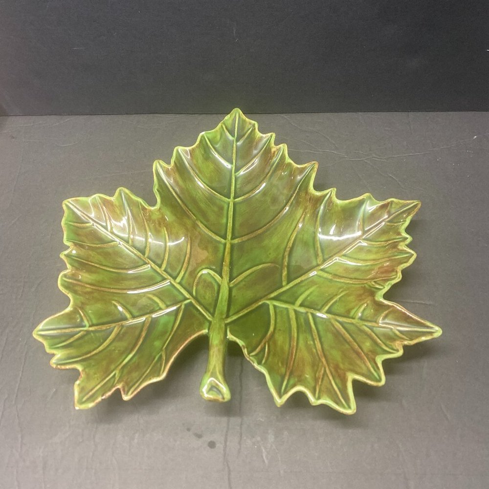 Heavy Glazed Ceramic Green Maple Leaf Serving Platter